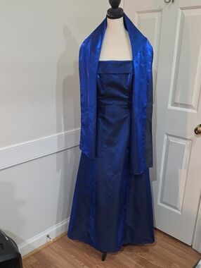 Urban Girl Nites Vintage Y2K Royal Blue Satin Strapless Gown & Shawl - Size 7/8